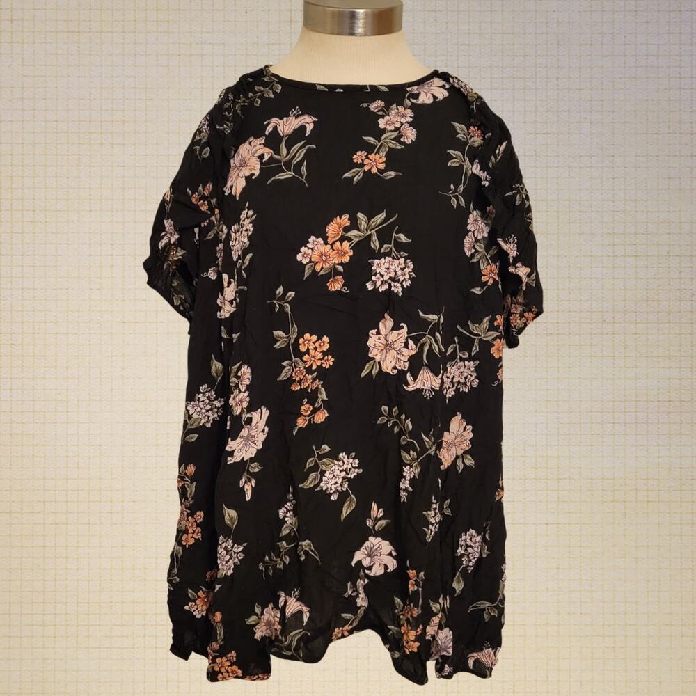 Angie 90s Boho Floral Cold Shoulder Tie Back Blouse Black Size Large